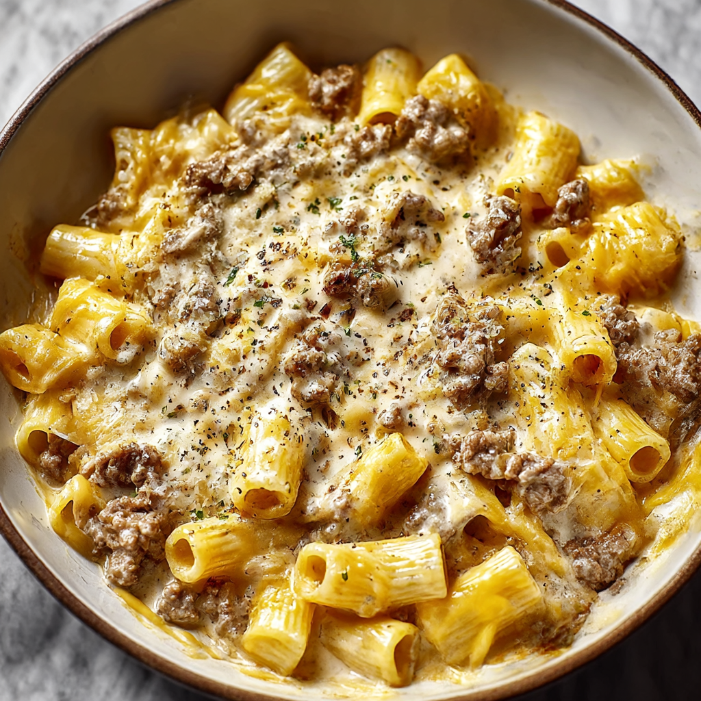 Pan of cheesy pasta with ground beef and herbs