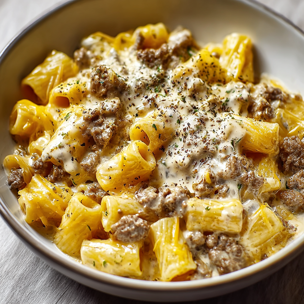 Close-up of cheesy beef and pasta with herbs