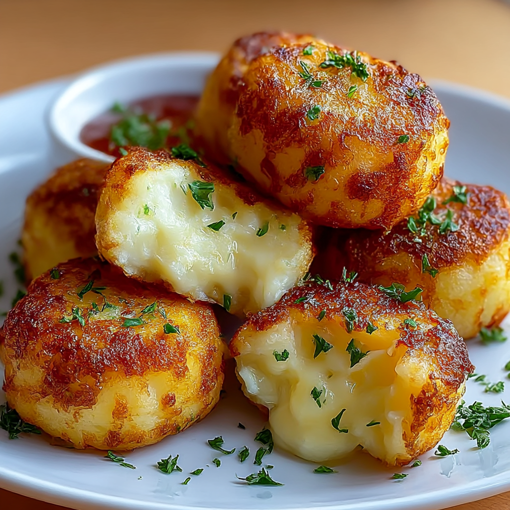 Golden crispy mashed potato cheese bites on a plate