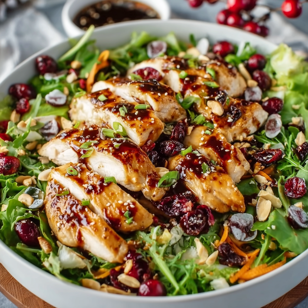 Asian chicken cranberry salad with almonds and sesame seeds