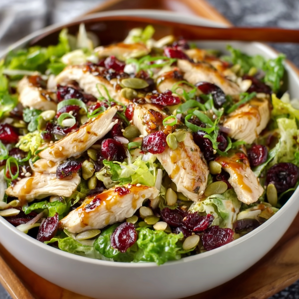 Close-up of dressed salad showing cranberries and sesame seeds