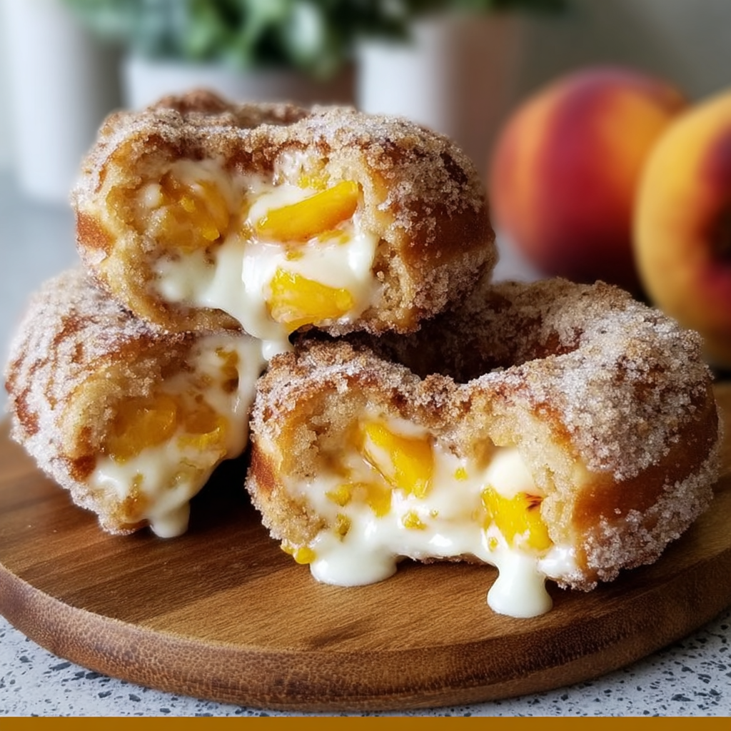 Fresh peach cobbler cheesecake donuts on a wire rack