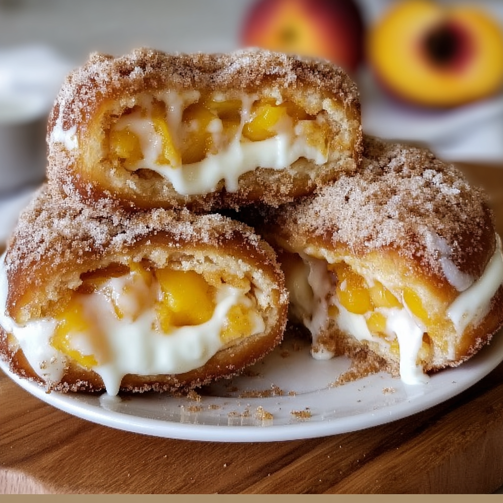 Close-up of cheesecake filling and peach topping on a donut