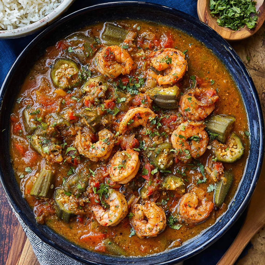 Smothered okra with shrimp and sausage in a skillet