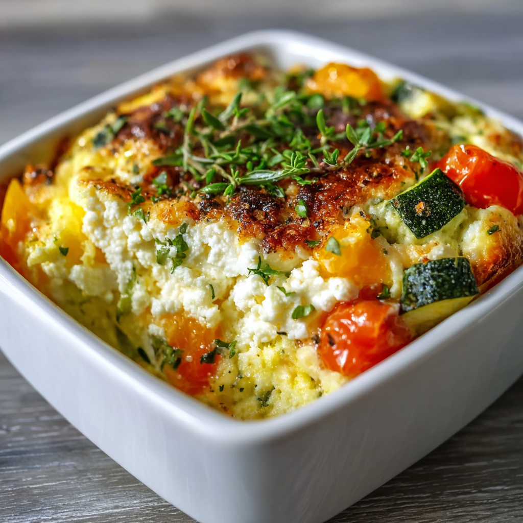 Cottage cheese egg bake in pan with herbs