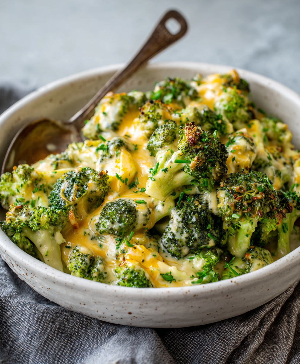 Bright green broccoli florets with creamy cheese sauce