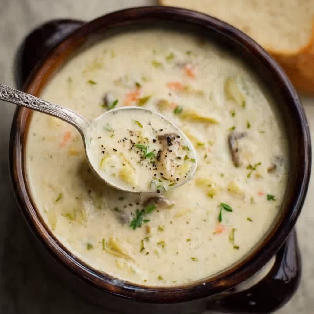 Toasted baguette slices beside a pot of soup
