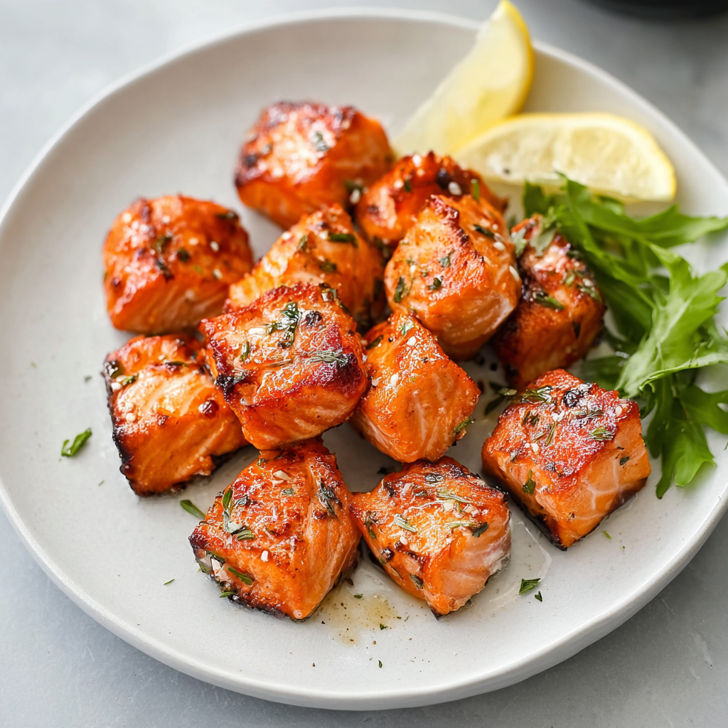 Close up of glazed salmon bite with sesame seeds