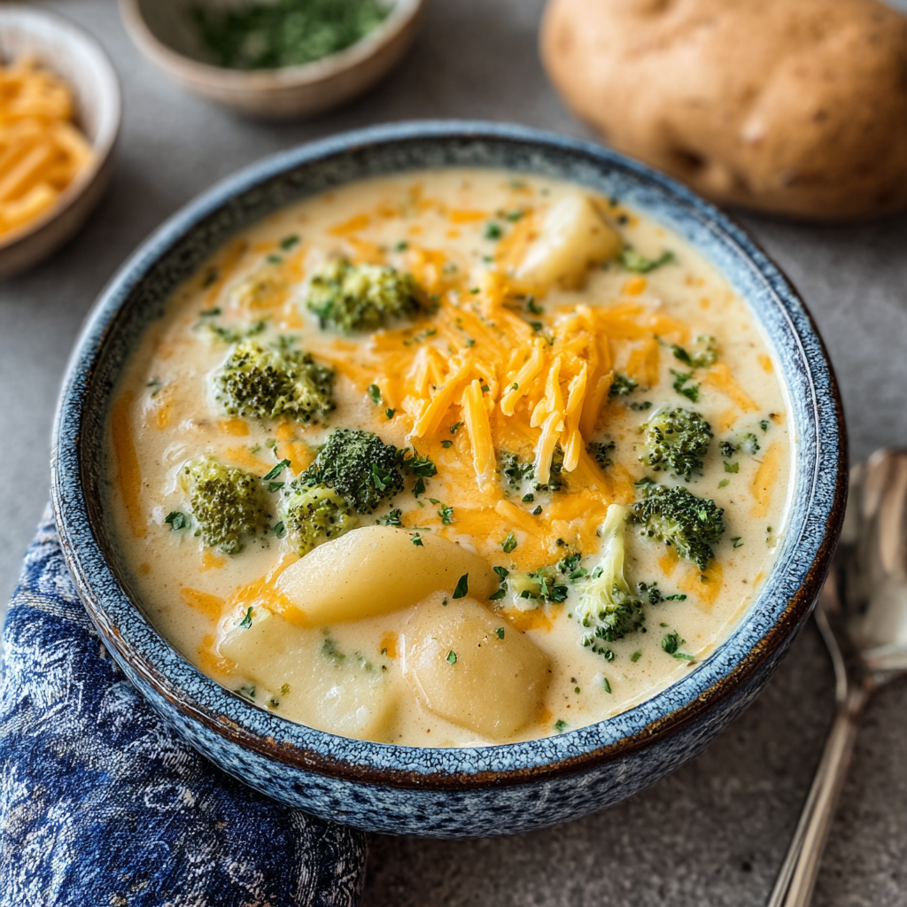 Bowl of broccoli cheddar potato soup with extra shredded cheese