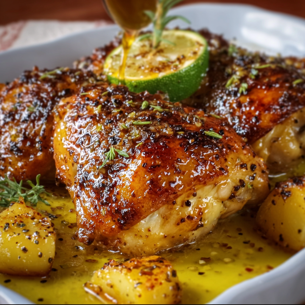 Honey Mustard Roast Chicken - glossy skin on roasting dish
