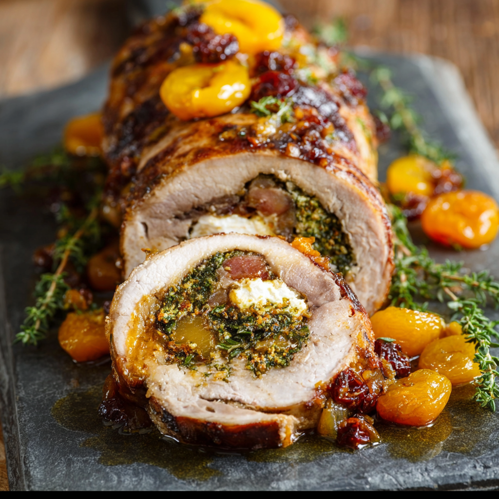 Stuffed pork tenderloin sliced on serving board