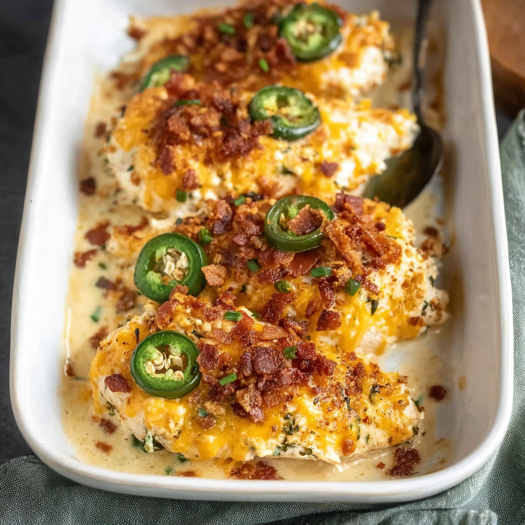Close-up of jalapeño popper chicken topping