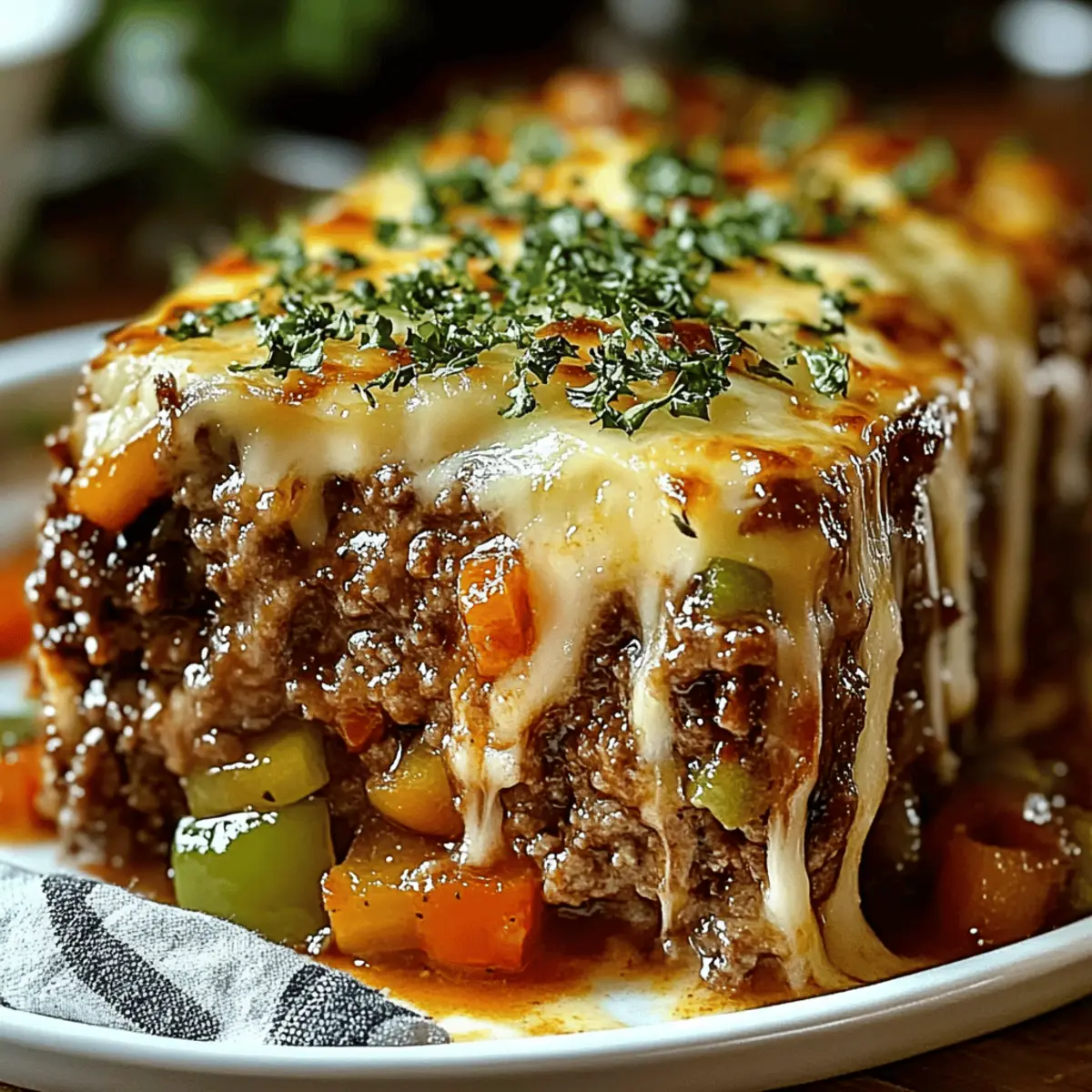 Philly Cheesesteak Meatloaf sliced revealing melted provolone and sautéed peppers
