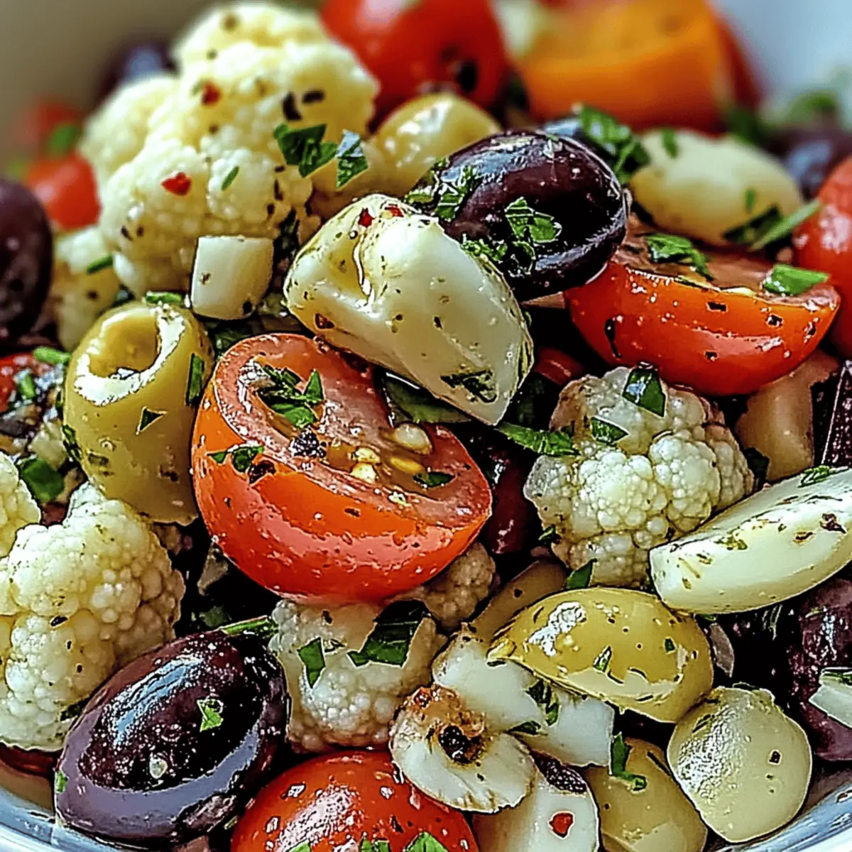 Marinated cauliflower salad in a bowl with olives and parsley