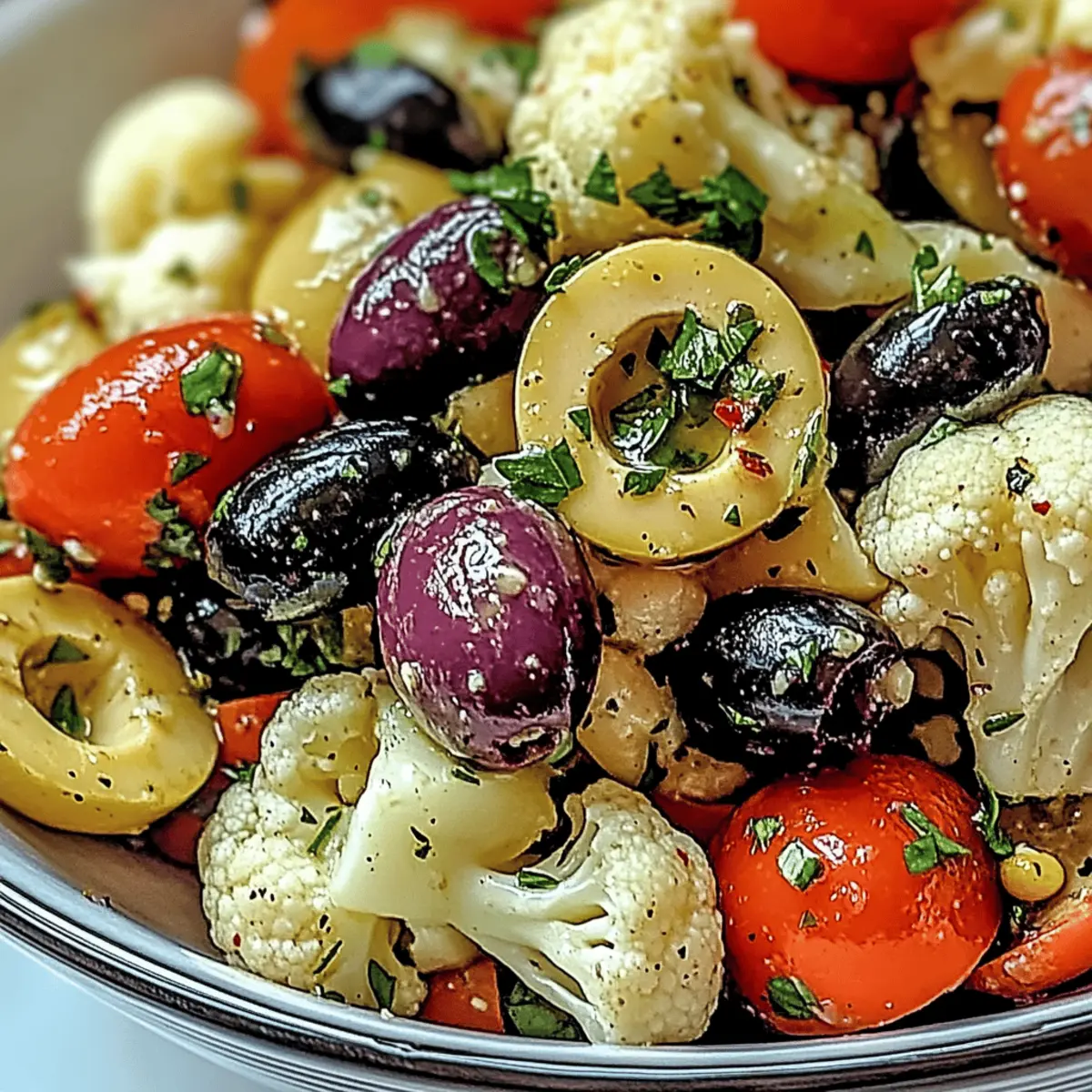 Close-up of cauliflower florets, cherry tomatoes and herbs