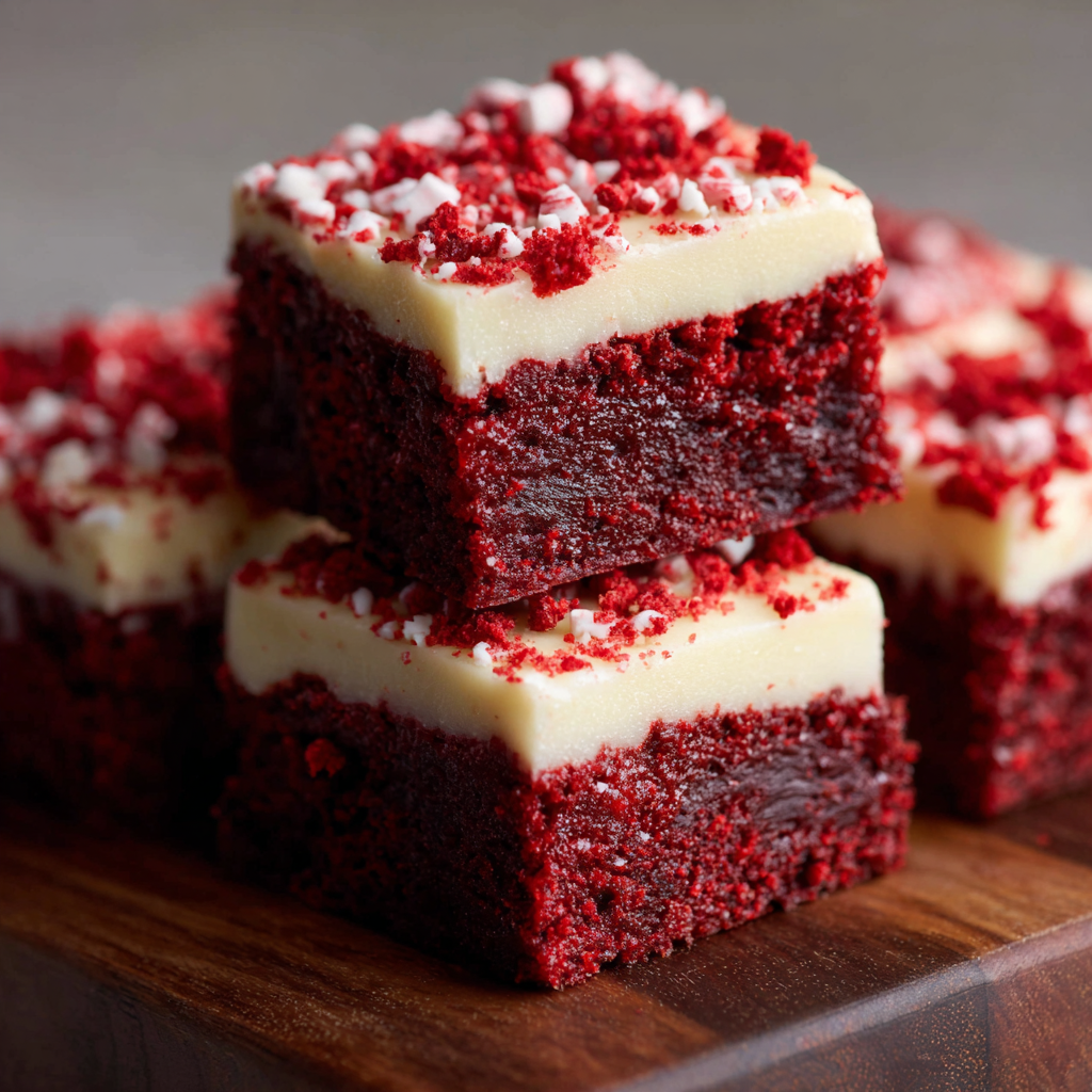 Frosted red velvet brownies sliced on a board