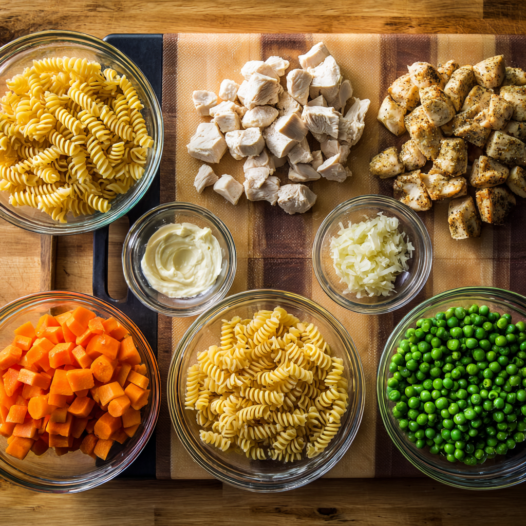 A skillet of creamy chicken pot pie pasta with parsley garnish