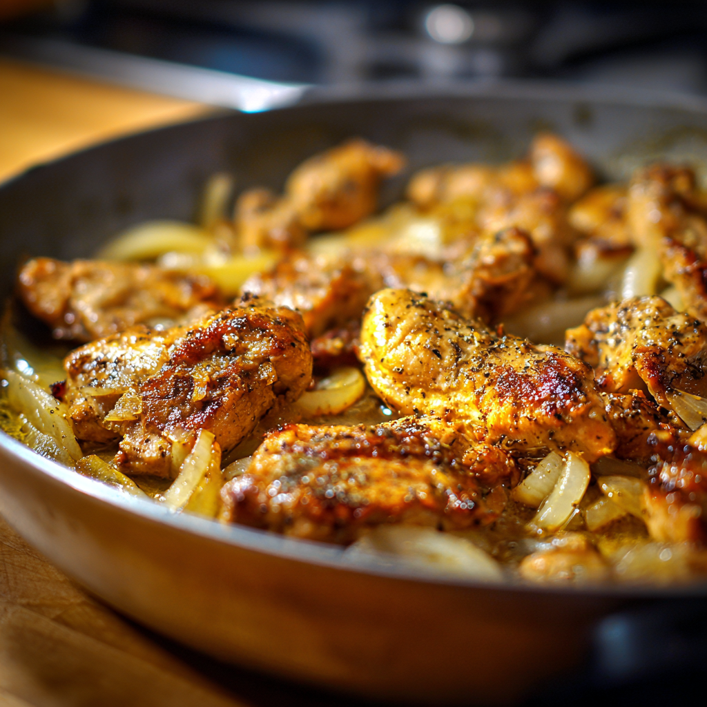 Close-up of creamy noodles and chicken in a skillet