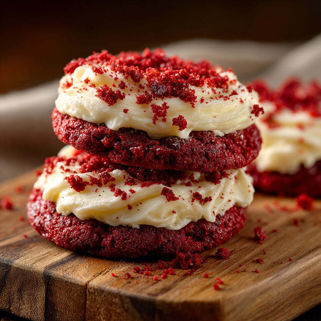 Frosted red velvet cupcake cookies on a cooling rack