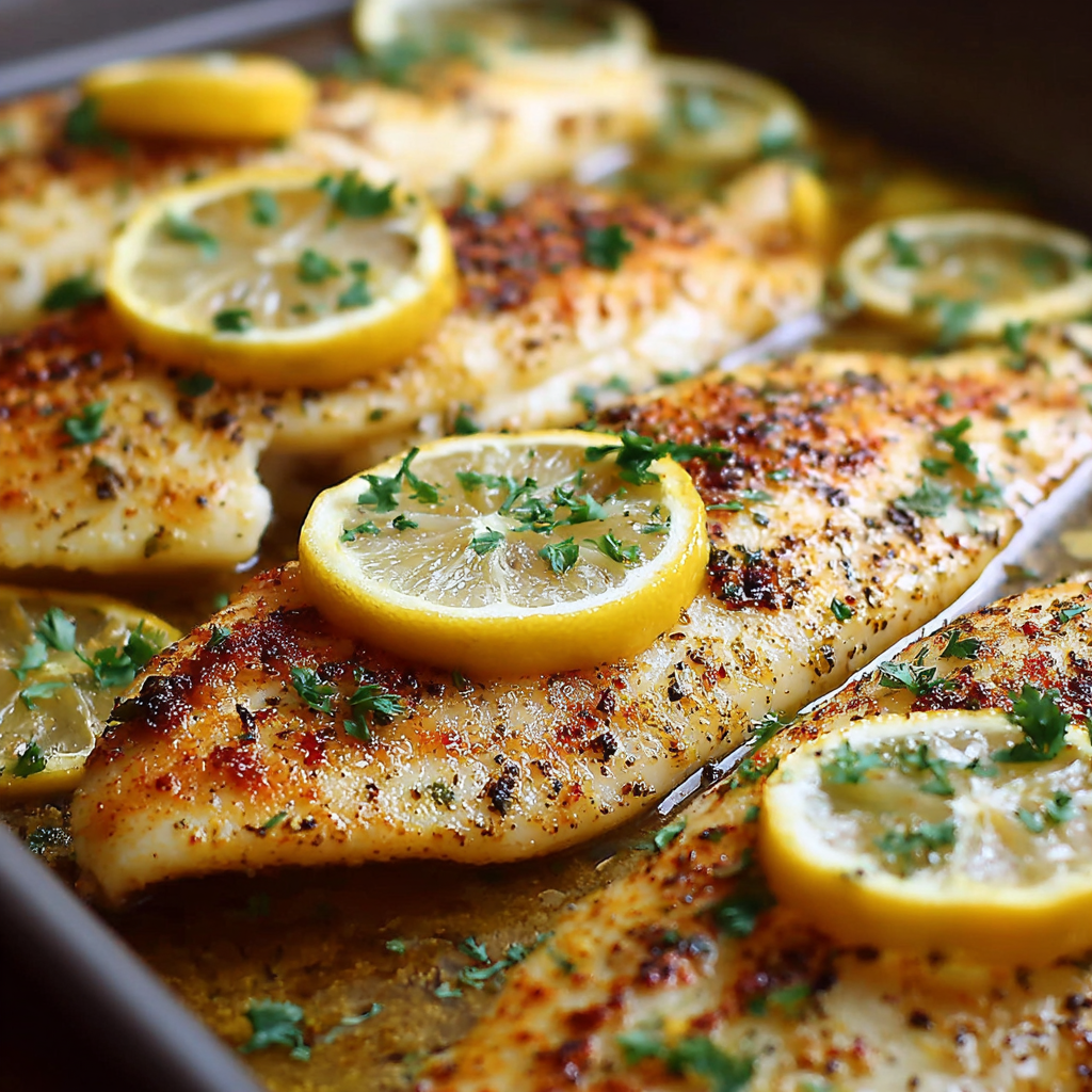 baking dish with lemon garlic tilapia