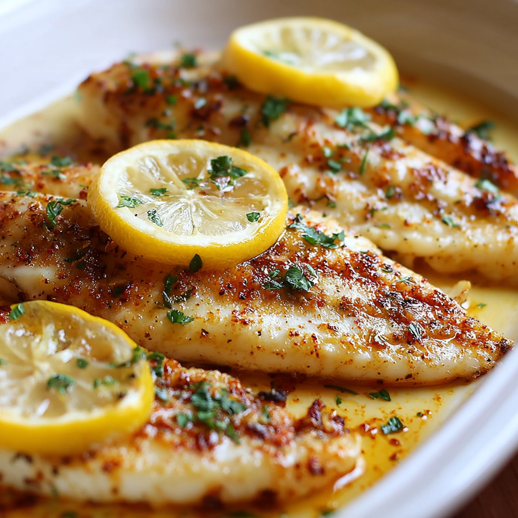lemon slices atop cooked tilapia fillets