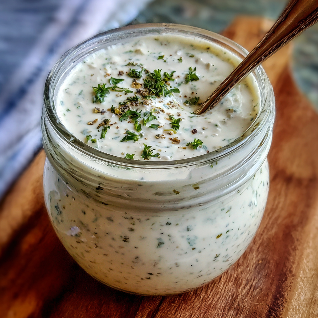 Homemade ranch dressing in a jar with herbs