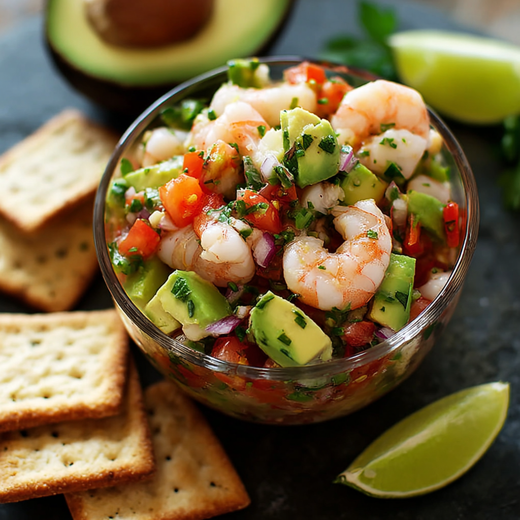 Shrimp ceviche with avocado in a bowl with lime wedges