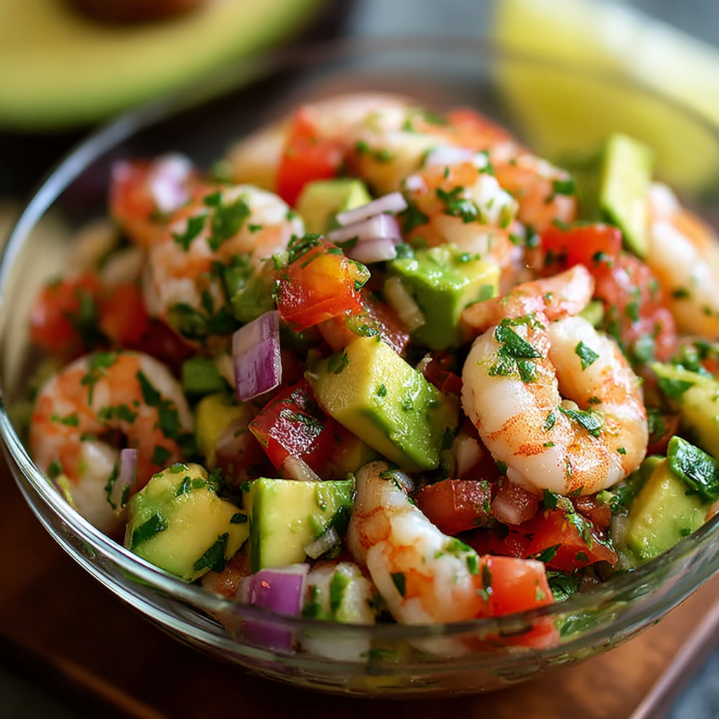 Close up of ceviche showing chopped shrimp and avocado
