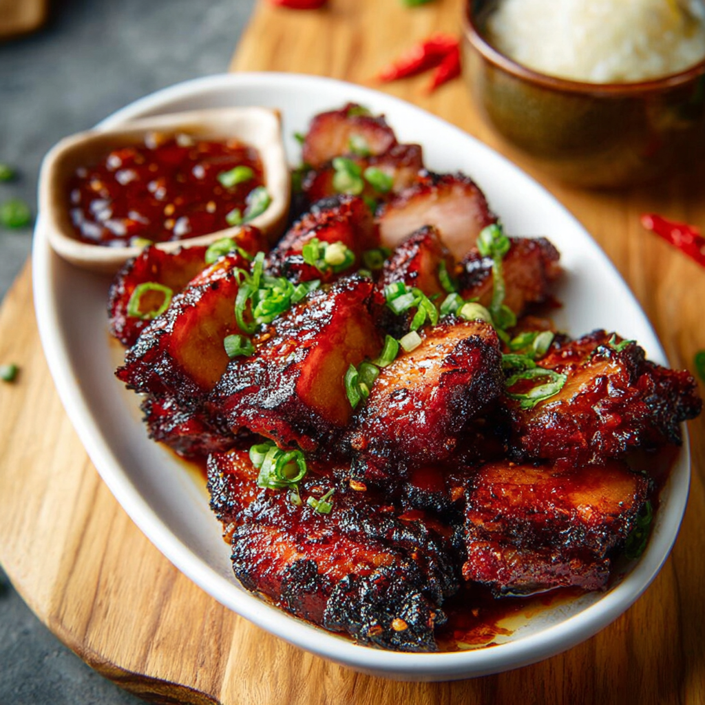  slices of char siu pork on a board 