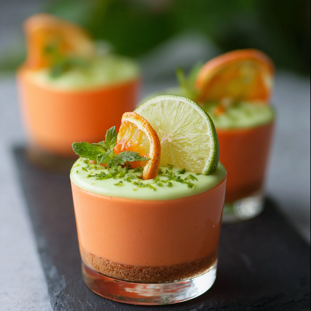 Close-up of papaya mousse topped with lime