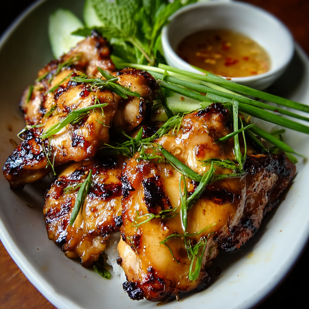 Sliced Vietnamese grilled chicken on rice