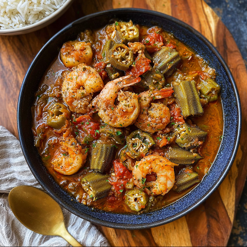 Bowl of smothered okra served over rice