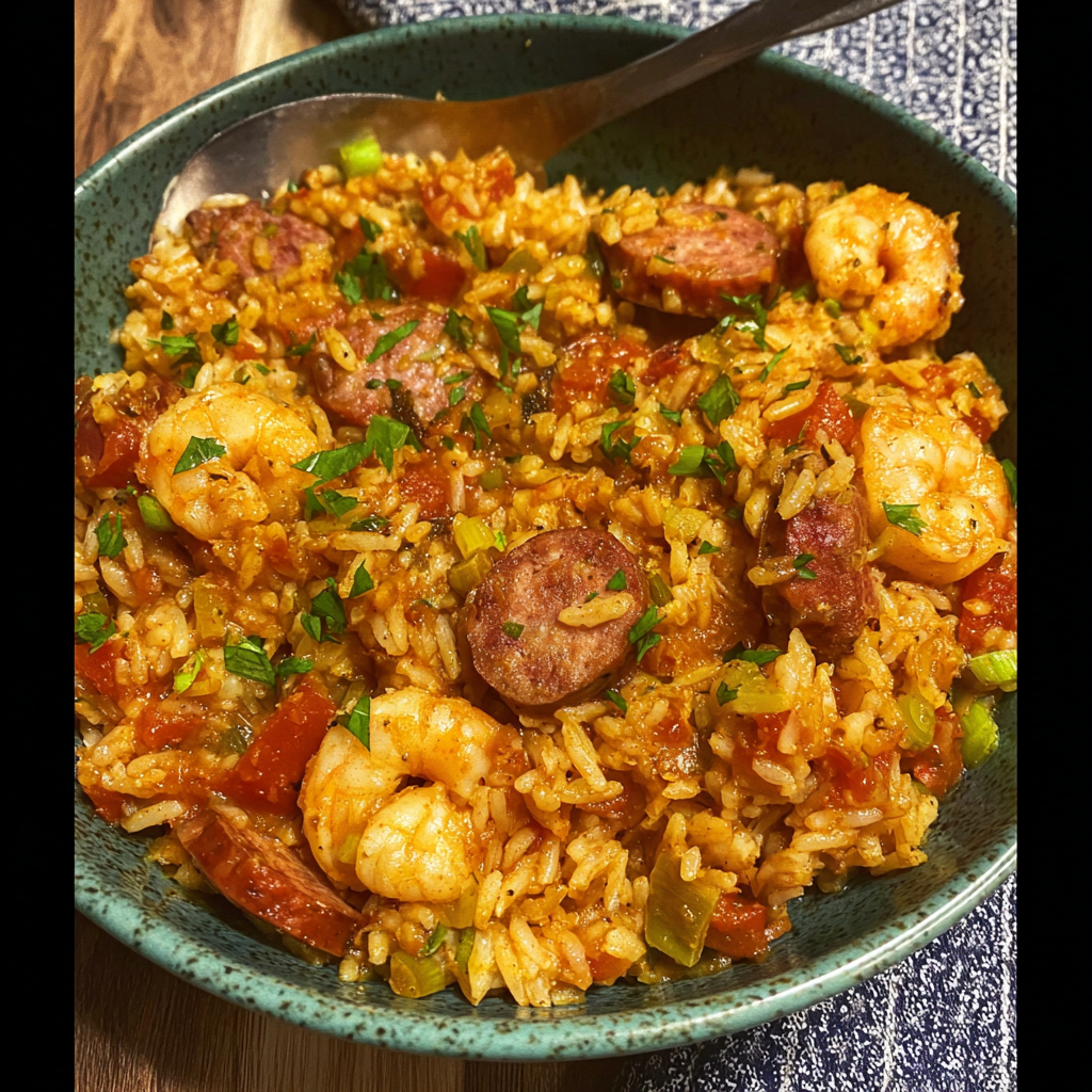 Close-up of finished jambalaya in serving bowl