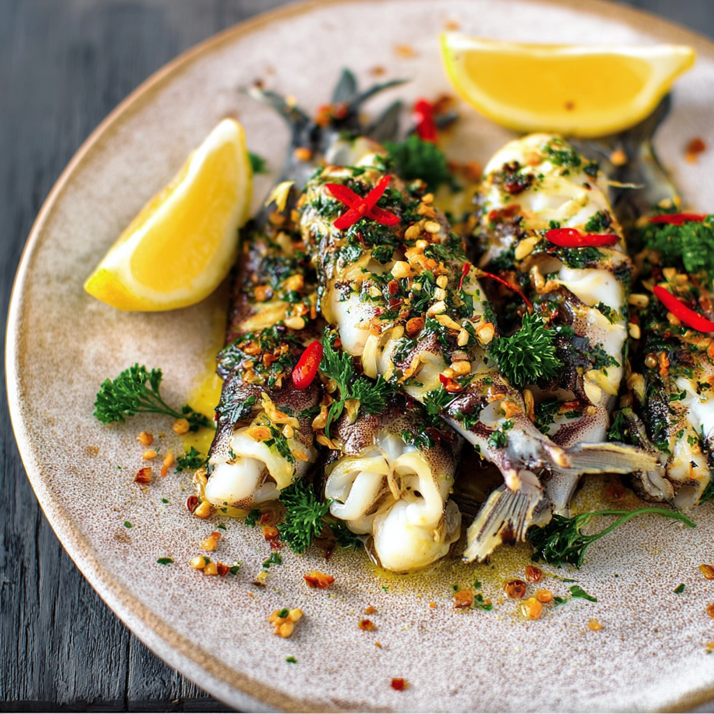 Close up of sizzling squid in a skillet with garlic and parsley
