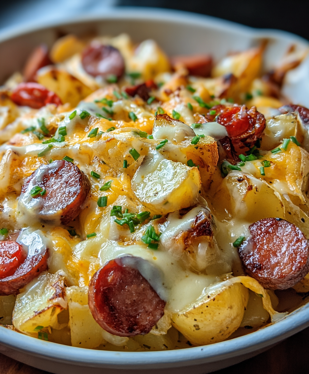 Cheesy potatoes and sliced smoked sausage in baking dish