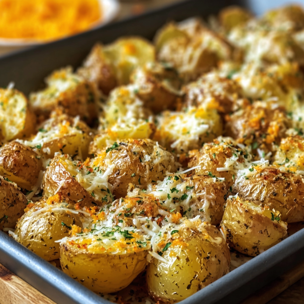 Serving platter of cheesy ranch roasted potatoes garnished with parsley