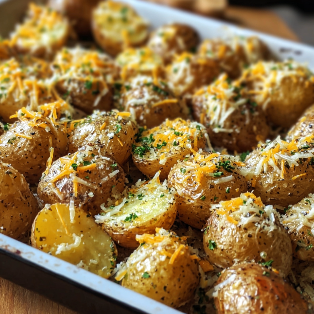 Close-up of cheesy ranch roasted potatoes on a baking sheet