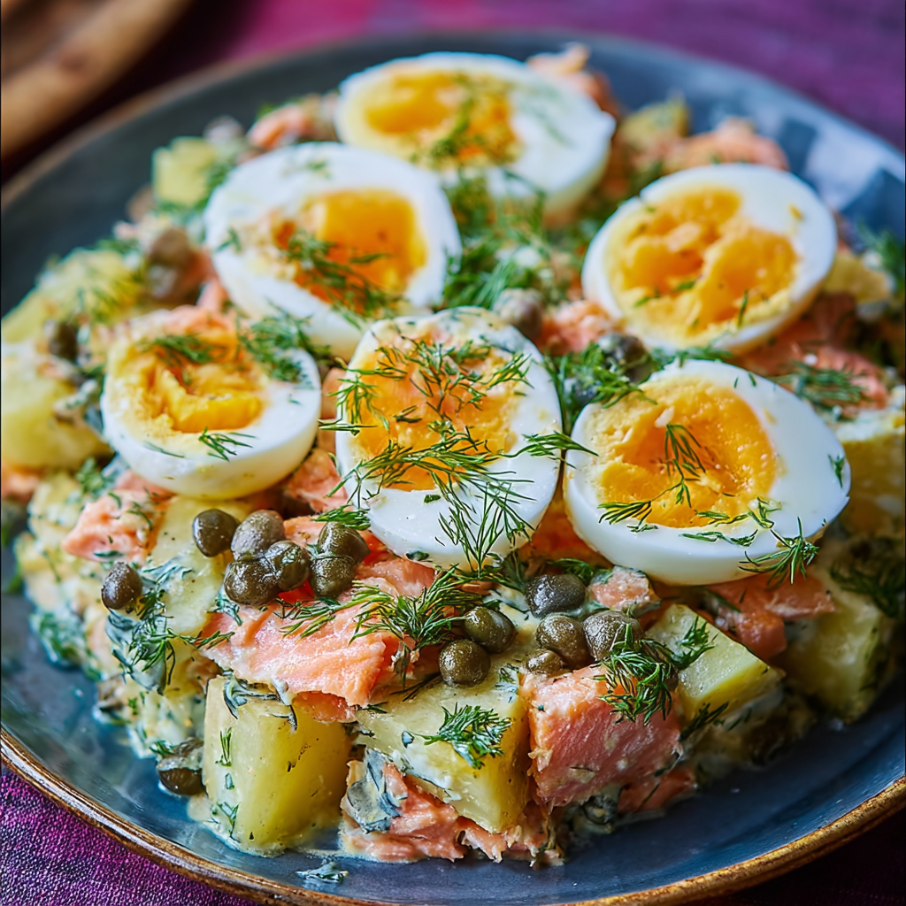 Russian Salmon Potato Salad with Eggs, Dill & Capers