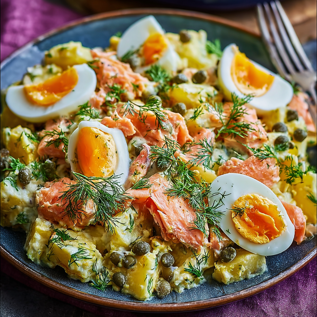 Finished Russian-style salmon potato salad with eggs and dill