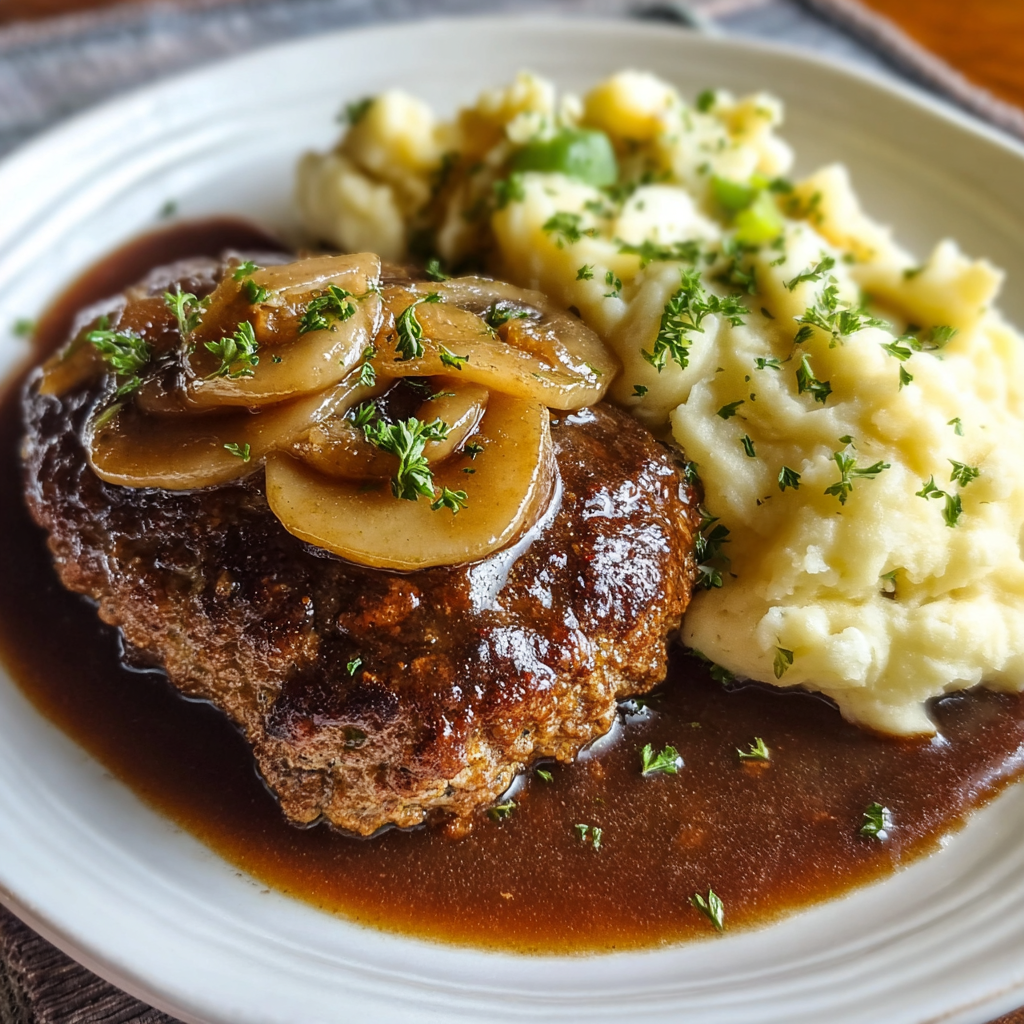 Salisbury steak patties in skillet with gravy