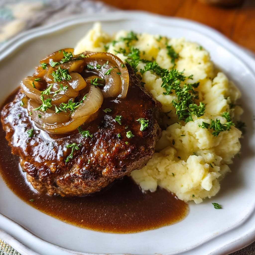 Plated Salisbury steak with mashed potatoes
