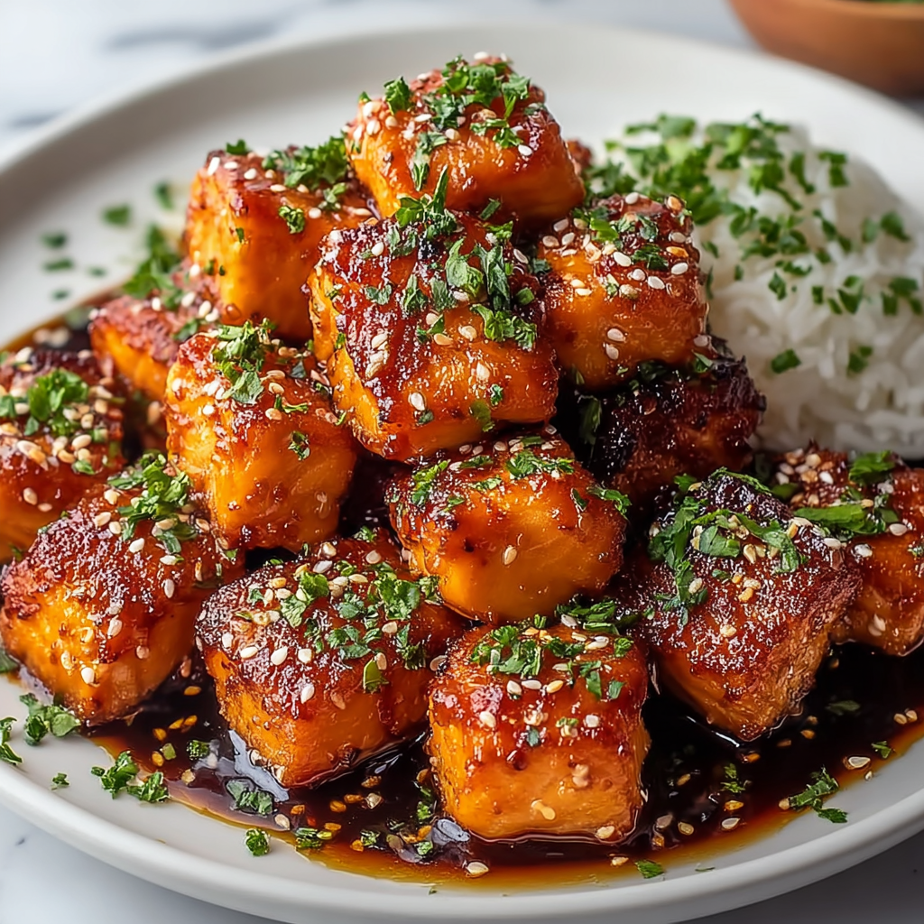 Close up of glazed salmon bites with sesame and chives