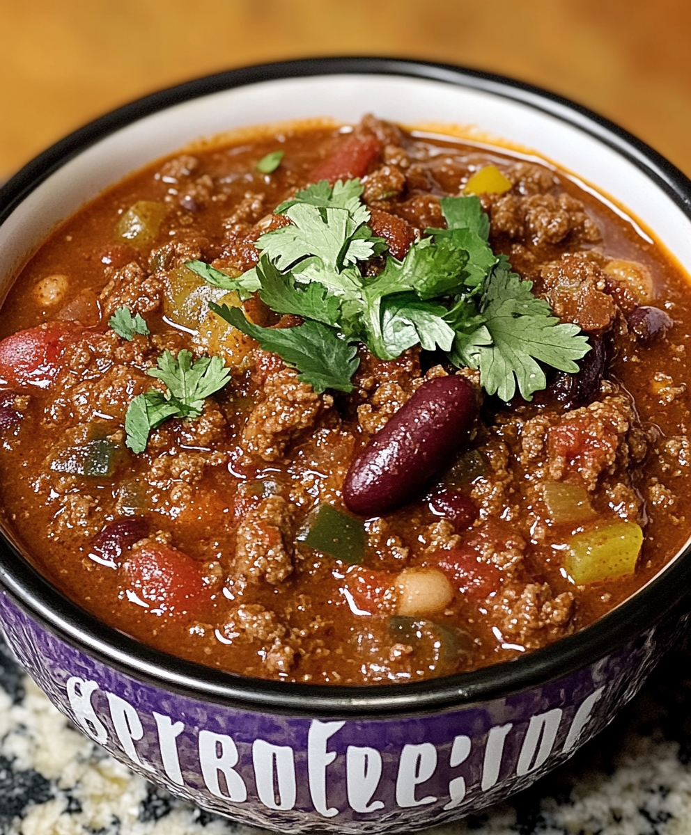 Bowl of classic chili served with toppings