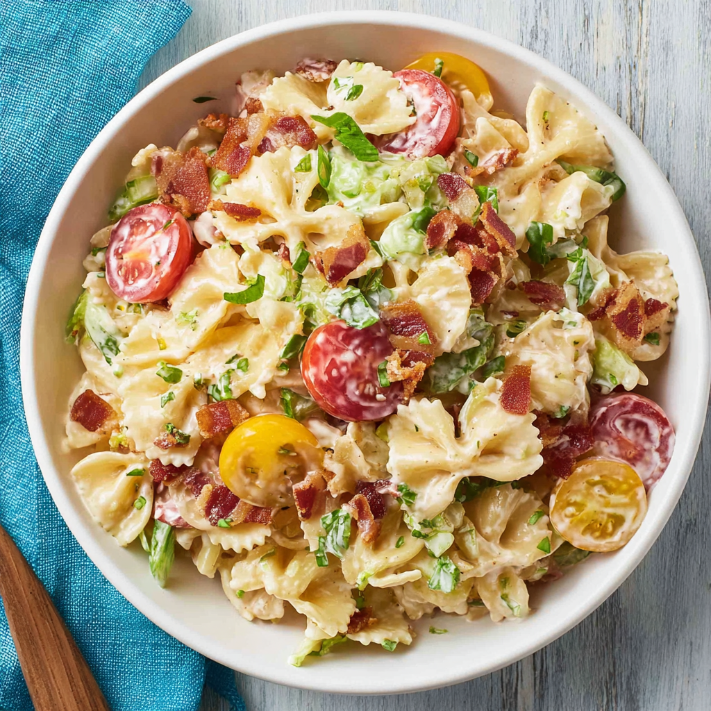 Close up view of a bowl of BLT pasta
