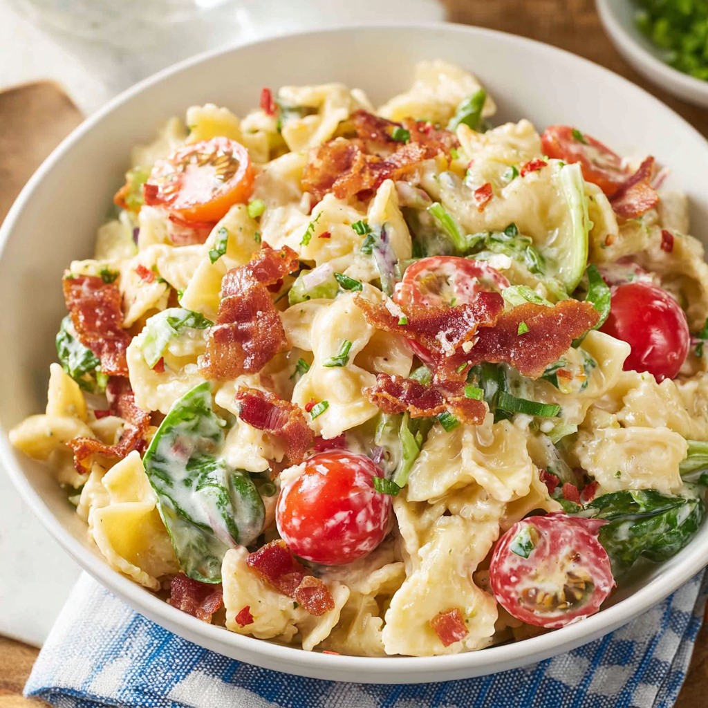Bowl of BLT pasta salad on a table