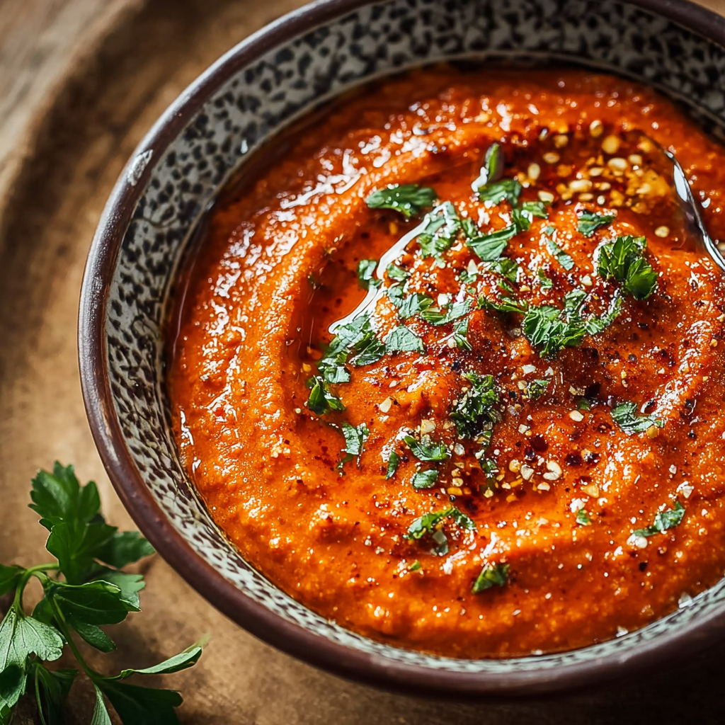 Romesco sauce spooned over roasted vegetables