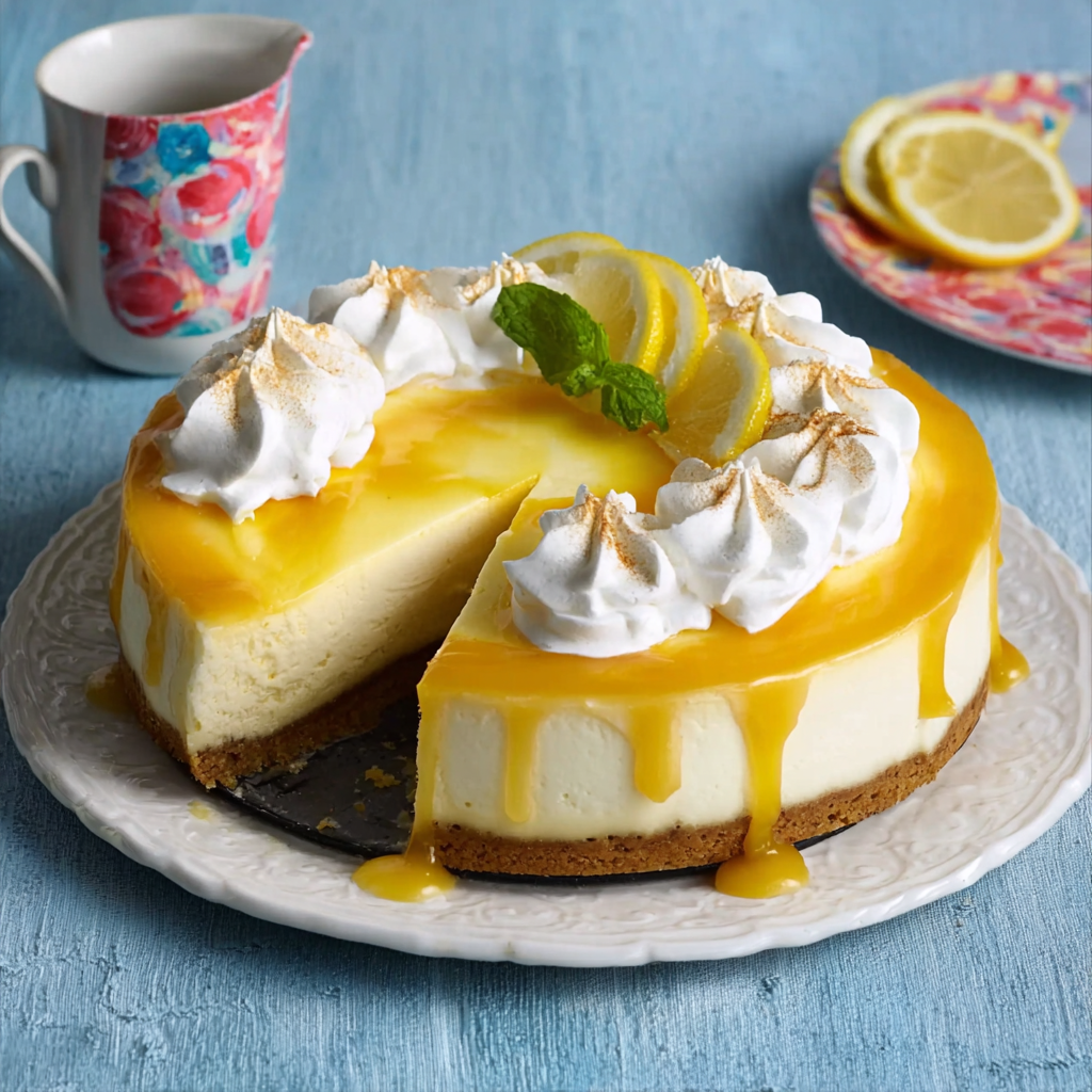 Dreamy lemon cheesecake with slice missing on plate