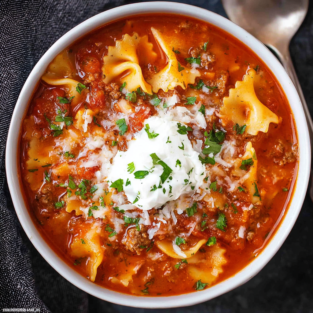 Finished Instant Pot lasagna soup in a bowl topped with ricotta and mozzarella