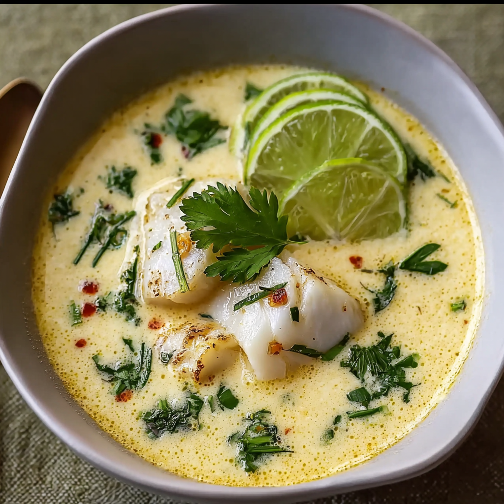 Ingredients and herbs for Coconut Lime Fish Soup laid out on a counter