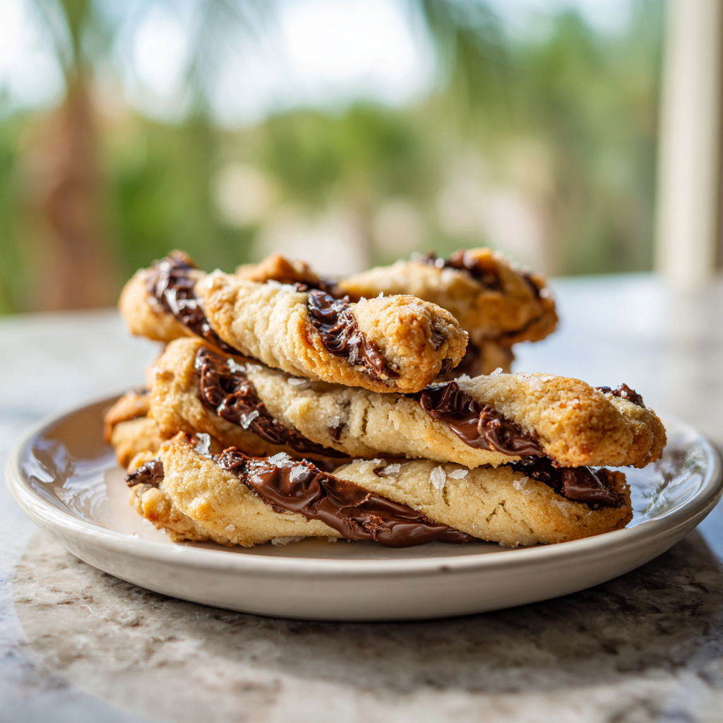 Baked chocolate chip twists cooling on a rack